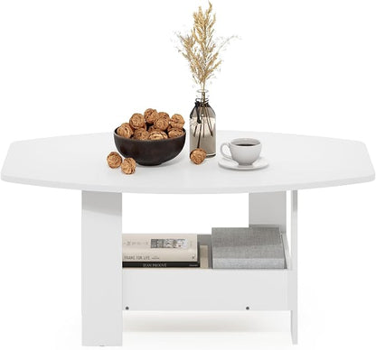 Furinno Simple Coffee Table with Lower Shelf, 2-Tier Modern Coffee Table, Roundecorner Side Table, for Living Room, Bedroom, Home Office, Plain White