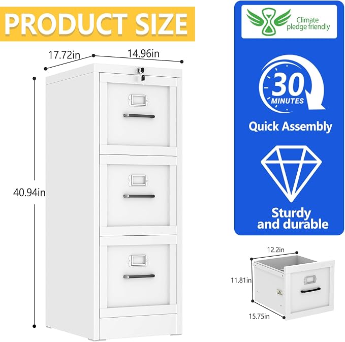GAIOUS Metal Vertical File Cabinet with Lock, Home Office 3 Drawer Cabinet | 3 Drawer Filing Cabinet, Beside Desk File Cabinet, White Lockable Storage Cabinet, Fits Letter/Legal/A4 Size