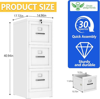GAIOUS Metal Vertical File Cabinet with Lock, Home Office 3 Drawer Cabinet | 3 Drawer Filing Cabinet, Beside Desk File Cabinet, White Lockable Storage Cabinet, Fits Letter/Legal/A4 Size