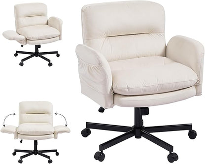 Bestier Criss Cross Chair with Flip-Up Armrests, Swivel Makeup Vanity Chair with Wheels & Side Pockets, Cross Legged Office Chair for Home Office, Bedroom, Beige Velvet