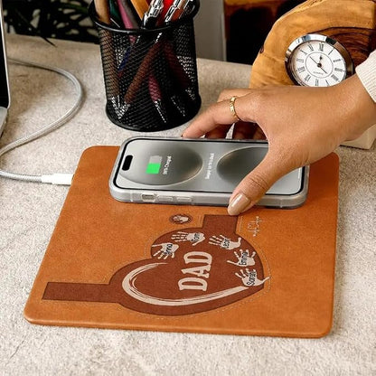 Personalized Leather Charging Mat, Dad Kids Handprints Wireless Charging Desk Mat, Custom Dad Gift from Kids, Fathers Day Gift for Dad, Papa, Grandpa, Daddy 9