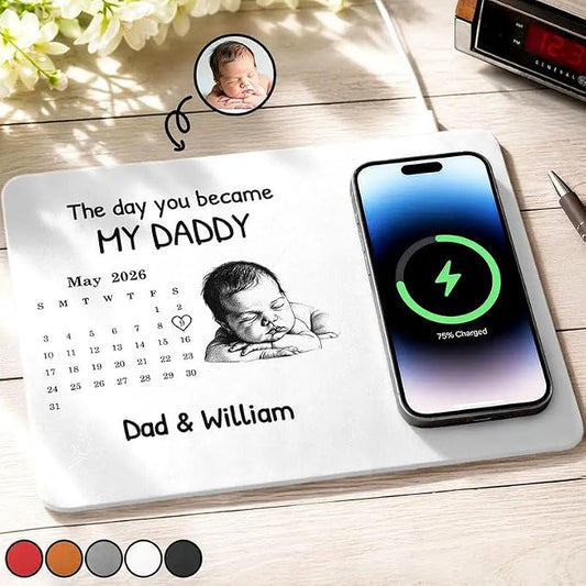 Personalized Leather Charging Mat, Custom Photo Sketch Calendar The Day You Became My Daddy Wireless Charging Desk Mat, Dad Gift, Fathers Day Gift for Dad, Papa, Grandpa, Daddy 7
