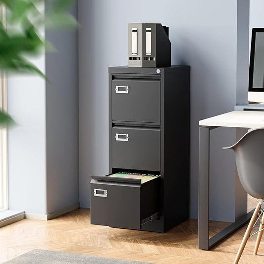 Black 3 Drawer File Cabinet,Metal Filing Cabinets with Lock,Office File Storage Cabinet for A4/Letter/Legal Size File(Assembly Required)