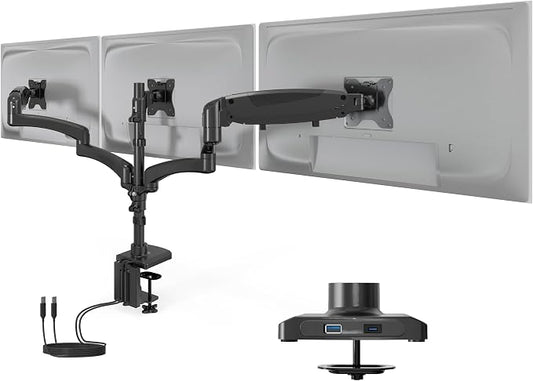 Mount-It! Triple Monitor Mount, 3 Monitor Desk Mount with Gas Spring Arms, Fits 13–32 Inch Screens up to 17.6 lbs per Arm, VESA 75 & 100, Clamp or Grommet Base, USB-A & C Ports, Black