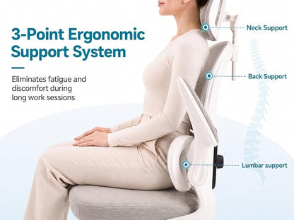 Ergonomic Office Chair with Adjustable Headrest & Lumbar Support, High Back Mesh Desk Chair, 330 LBS Capacity Swivel Computer Chair with Flip-Up Arms, Home Office Gaming Chair(Grey)