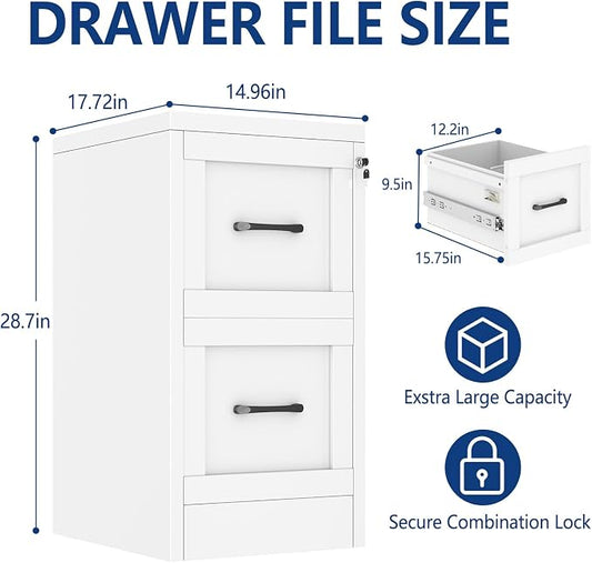 Ckzbx 2 Drawer File Cabinet with Lock, Narrow Vertical Filing Cabinet, Under Desk File Cabinets,White Metal File Cabinets for Home Office,Fit Letter/A4/Legal Size File