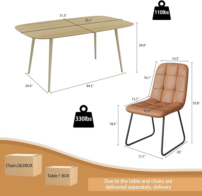 HIPIHOM 55.1'' Dining Table Set for 4,Modern Wood Dining Table,Leather Dining Chairs 4,Table and Chairs Set of 4,Ideal for Kitchen Dining Room (Cat Scratch Table + 4 U-Shaped Brown Chairs, 55.1")