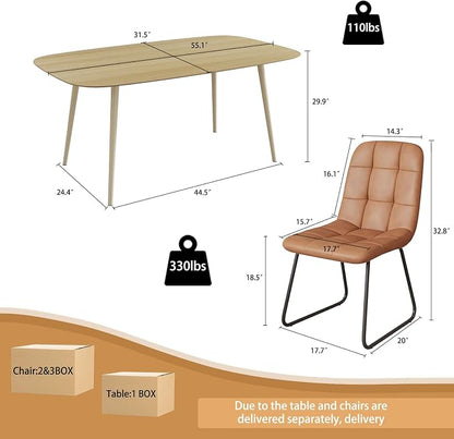 HIPIHOM 55.1'' Dining Table Set for 4,Modern Wood Dining Table,Leather Dining Chairs 4,Table and Chairs Set of 4,Ideal for Kitchen Dining Room (Cat Scratch Table + 4 U-Shaped Brown Chairs, 55.1")