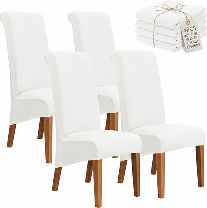 Deisy Dee Stretch XL/Oversized Extra Large Velvet Dining Room Chair Covers for Kitchen Dining，Removable Washable Chair Protectors Slipcovers (Off White, 4)