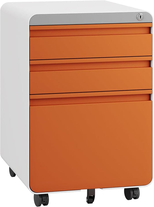 Dripex 3 Drawer File Cabinet, Mobile Under Desk Storage File Cabinet with Lock on Wheels, Letter/Legal Size, Fully Assembled, Vertical Metal Rolling Filing Cabinets for Home Office (Orange+White)