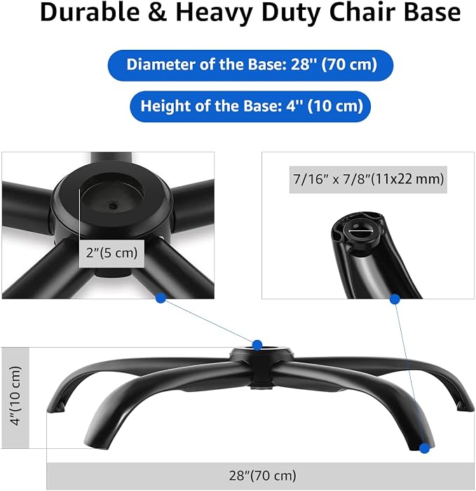 MASTERY MART Heavy Duty Office Chair Base Replacement, 2500 Lbs, 28"(70 cm), Metal Desk Chair Base Replacement Parts with Universal Gas Cylinder Hole and Casters Sockets, Matte Black