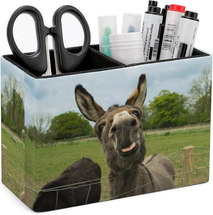 Niapessel Pencil Holder for Desk, Brown Furry Donkey Pen Holder Storage Desktop Pen Organizer Desk Pencil Organizer Makeup Brush Holder for Office School College Leather