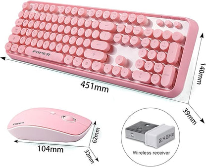 Wireless Keyboard and Mouse Combo - Cute Colorful Keyboard and Mouse, Retro Typewriter Keyboard with 2.4GHz Plug & Play, for Windows 11/10/7, Laptop, PC (Pink)