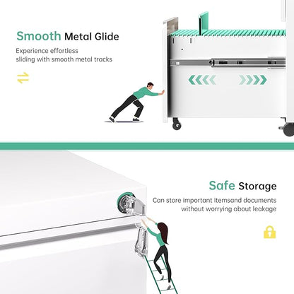 Bonusall 【Fully Assembled 3 Drawer White File Cabinet, Fully Assembled Metal Rolling Filing Cabinet with Lock, Under Desk Drawer Filing Cabinets for Home Office Fit A4/Letter/Legal