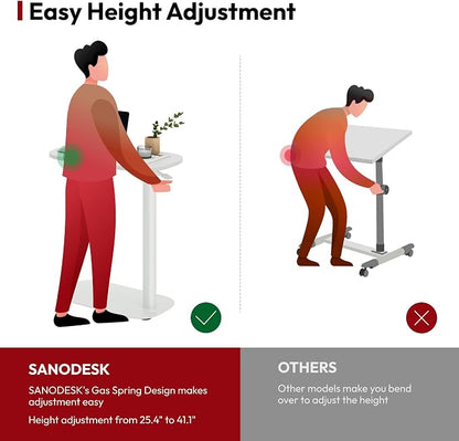 SANODESK Small Standing Desk Pneumatic Height Adjustable Sit Stand Laptop Desk Overbed Table Computer Cart for Home Office Workstations (23.6" W x 13.8" D, White)