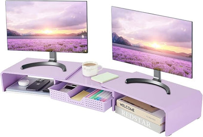LEKETREE Dual Monitor Stand Riser with Drawer, Desk Organizer and Accessories, Metal Laptop Stand for Desk, Workspace Desktop Stand for Computer, Laptop, TV and More (Purple)