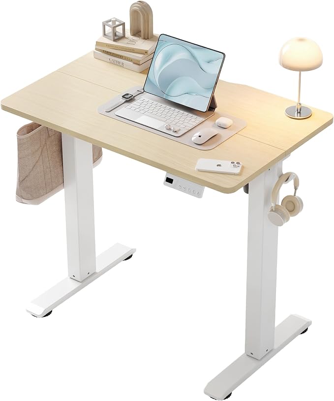 YDN 32" Small Electric Standing Desk Adjustable Height, Sit Stand up Desk with Memory Presets & Cable Management, Home Office Desk for Office & Computer Workstation, White Frame/Nature Top