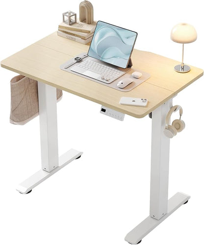 YDN 32" Small Electric Standing Desk Adjustable Height, Sit Stand up Desk with Memory Presets & Cable Management, Home Office Desk for Office & Computer Workstation, White Frame/Nature Top