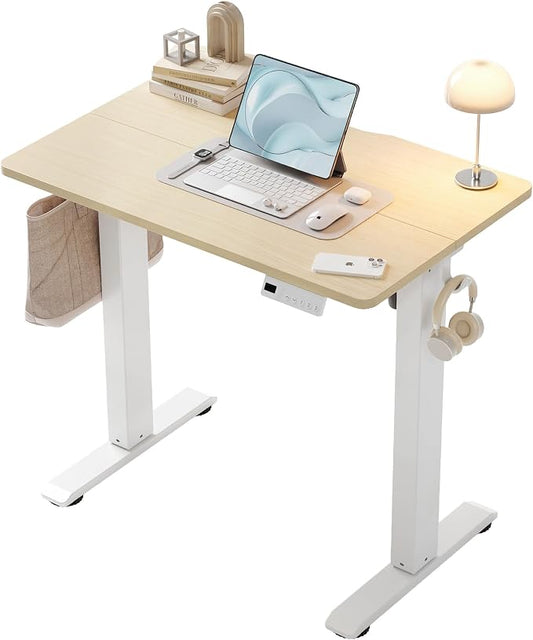 YDN 32" Small Electric Standing Desk Adjustable Height, Sit Stand up Desk with Memory Presets & Cable Management, Home Office Desk for Office & Computer Workstation, White Frame/Nature Top