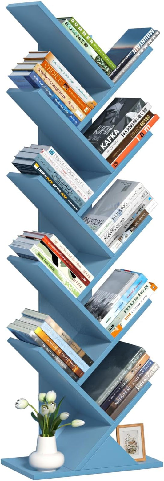 SHEEPAM 10 Tier Tree Book Shelf, Floor Standing Wood Bookshelf for Narrow Space, Storage Organizer Bookshelves for Books/CDs/Magazine, Bookcase with Shelves for Home Office, Living Room - Pure Blue