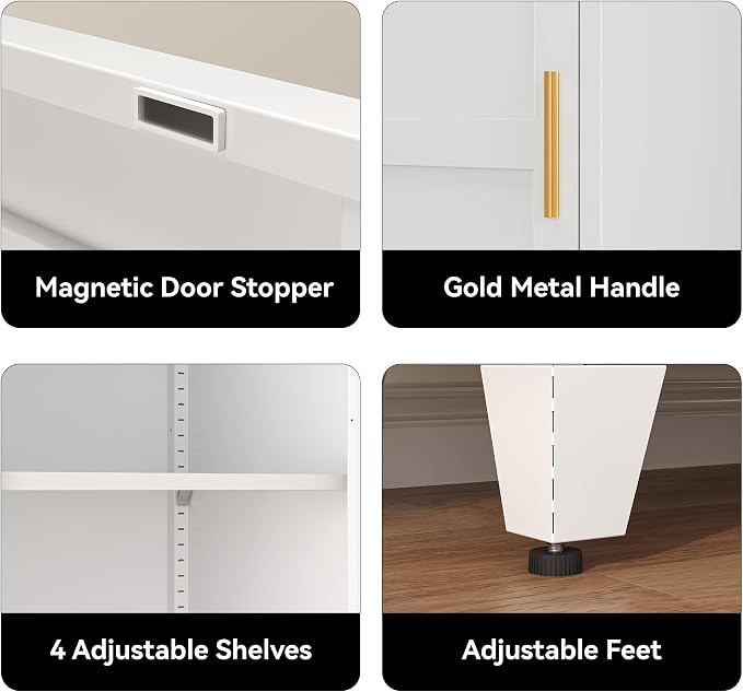 COFaR 67" Tall Bathroom Storage Cabinet, White Metal Storage Cabinet with Magnetic Door & 4 Adjustable Shelves, Slim Freestanding Cupboard for Kitchen, Bathroom, Living Room