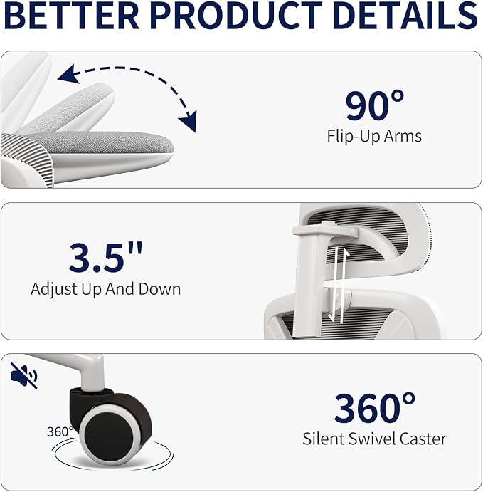 Ergonomic Office Chair - Desk Chair with Adjustable Headrest Lumbar Support Computer Chair - Mesh Comfy Chair with Flip-up Armrests - Gaming Chairs for Adults Home Office (White+Gray)