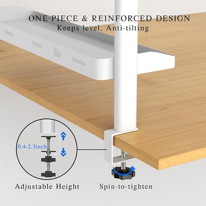 Clamp on Desk Shelf White, 24in 2-Tier Office Desk Shelves Organizer, Shelf for Top of Desk with Headphone Holder and Hooks, Desktop Storage Rack for Home Workspace, Study Rooms, Gaming Accessories