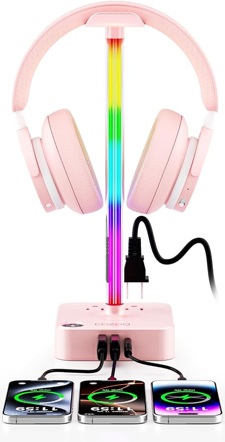 cozoo Gifts for Teen Girls Cute Pink RGB Headphone Stand & Charging Station, 3 USB 2 AC Outlets - Stylish Gaming Headset Holder, Desk & Game Room Decor, Christmas Gifts for Girlfriend, Women, Gamers