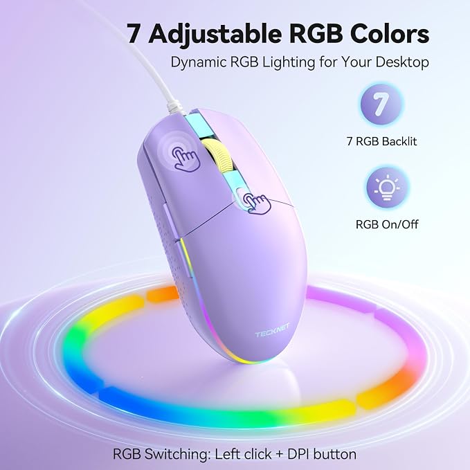 TECKNET Wired Mouse - USB Corded Mouse with RGB Backlit Full Size Optical Silent Mouse with Side Buttons,LED Plug and Play Wired Connection Office Mice for Desktop,PC,Laptop