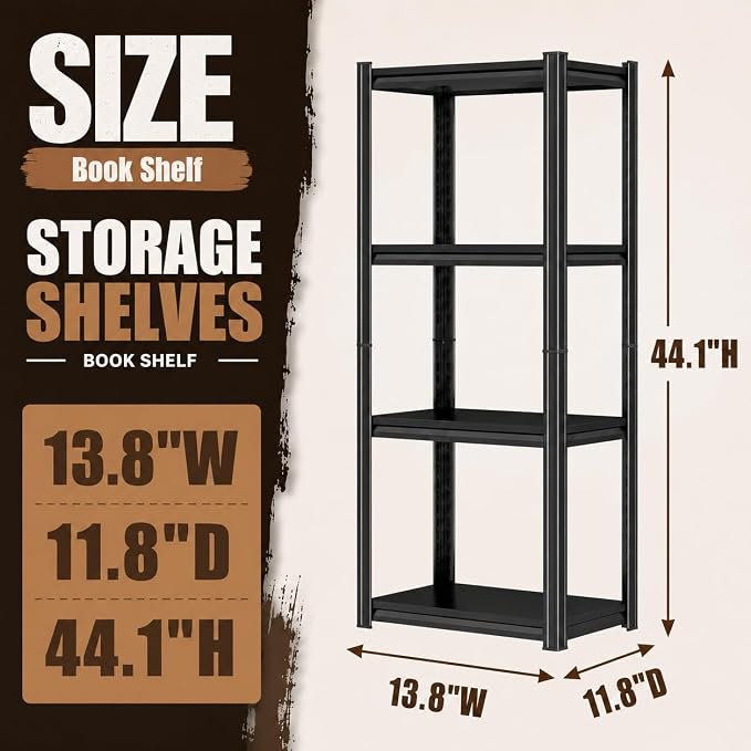 4 Tier Metal Bookshelf, Adjustable Tall Bookcase, Heavy Duty 2400 LBS Modern Deep Book Shelf, Bolt-Free Storage Shelves for Living Room, Home Office, Garage, 13.8" Wx 11.8" Dx 44.1" H
