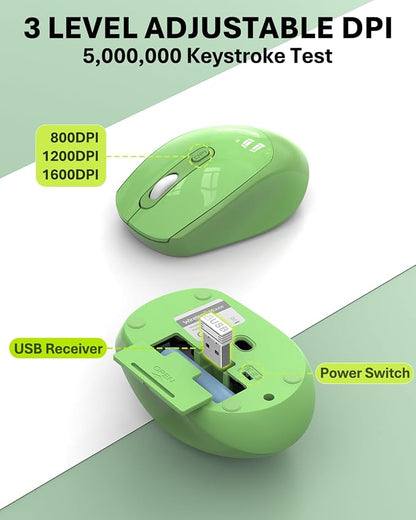 Colorful Wireless Keyboard and Mouse Combo - Round Keycaps, 2.4GHz Retro Typewriter Keyboard with Number Pad, Cute Compact USB Keyboard and Mouse for Computer PC Desktop Laptop (Green)