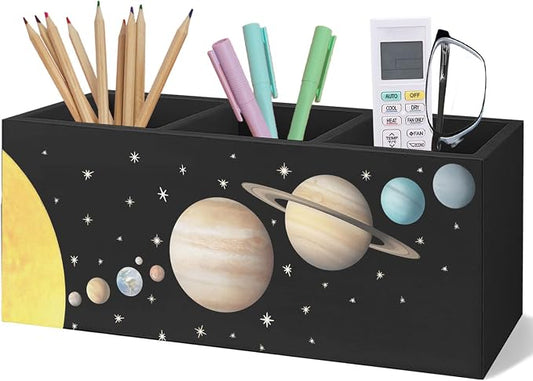 Black Space Themed Bedroom Decor Gift for Kids Men, Outer Space Decor Wooden Pen Pencil Holder for Desk, The Solar System Wood Makeup Brush Toothbrush Holder Organizer for Library Bedroom