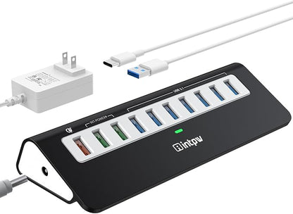 Powered USB Hub 10Gbps, 10 Port USB 3.2 Gen 2 Hub with 7 USB 3.2 Data Ports, 3 Fast Charging Ports, 36W Power Adapter, Type A and Type C Cable, Aluminum USB Hub for Laptop, Mac, PC