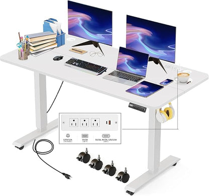 Electric Standing Desk with Power Outlets and USB-C Port, 55 x 24 Inches Adjustable Height Sit Stand Up Desk for Home Office, Adjustable Desk with Memory Preset and Wheels, White