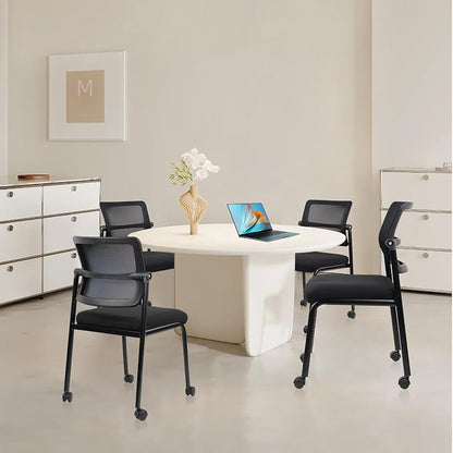 CLATINA Stackable Mesh Office Chair with Wheels Armless Guest Waiting Stacking Chair with Ergonomic Lumbar Support & Leather Seat Cushion, for Conference, Lobby, School, Reception, Black 4Pack