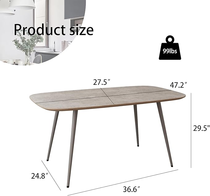 HIPIHOM 47.2'' Modern Farmhouse Dining Table, Wooden Rectangular Dining Table with Metal Legs for 4-6 People for Dining Room, Kitchen, Living Room (Gray Table, 47.2")