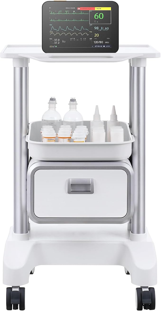 VEVOR Medical Trolley Storage Cart with Removable Drawer, Rolling Lab Tray Cart with Wheels for Ultrasound, Dental Clinic, Lab, Beauty Salon, Office