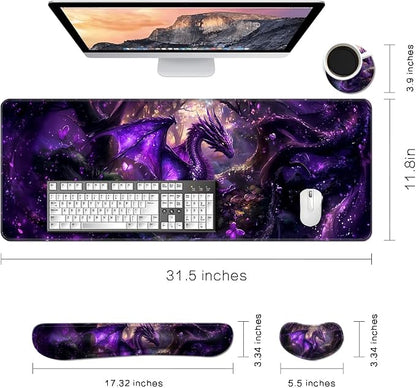 MIBITRI Keyboard Mouse Pad Set, Extended Gaming Mouse Pad+Ergonomics Keyboard Wrist Rest Support, Memory Foam, Easy Typing Pain Relief, 4Pcs XXL Ultra Thick Desk Mat, Dragon
