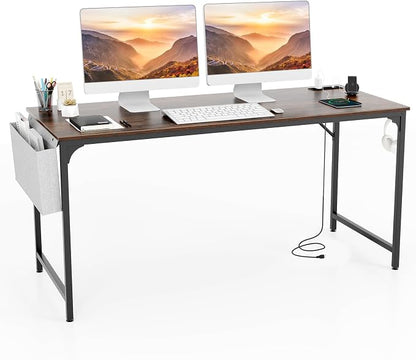 COSTWAY Home Office Desk, 32 Inch Computer Desk with Recessed Power Strip, Storage Bag & Headphone Hook, Wide Desktop, Modern Computer Workstation Writing Table for Home, Office (Rustic Brown + Black)