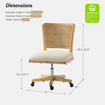 Modern Home Office Chair Comfortable Upholstered Armless Desk Chair, Adjustable Swivel Rolling Computer Chair with Rattan Mid-Back Support, Beige