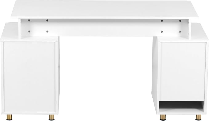 Elegant 57" W Executive Desk with 3 Drawers and Storage Cabinet, Modern Office Desk with Gold Accents, Floating Work Surface, Closed Storage with Ventilation & Adjustable Shelf (White,Gold)