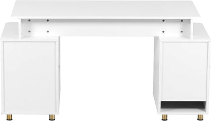 Elegant 57" W Executive Desk with 3 Drawers and Storage Cabinet, Modern Office Desk with Gold Accents, Floating Work Surface, Closed Storage with Ventilation & Adjustable Shelf (White,Gold)
