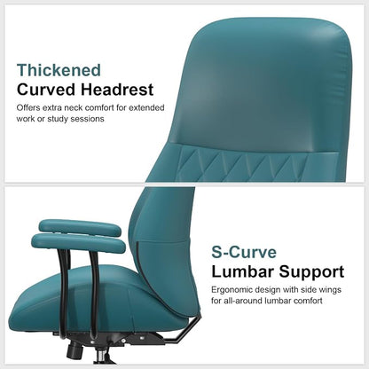 E-Ser Leather Desk Chair, Mid Century Modern Office Chair, Green | Lumbar Support, Ergonomic, 360° Swivel, Rubber Rolling Wheels, Adjustable Height, for Adults