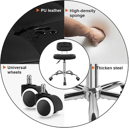 KKTONER Black Home Office Chair Leather Rolling Stool with Swivel Wheels with Backrest Height Adjustable for Home Office Computer Desk SPA