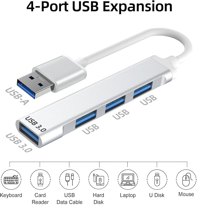USB 3.0 Hub, 4-Port USB Hub USB Splitter USB Expander for Laptop, Xbox, Flash Drive, HDD, Console, Printer, Camera, Keyborad, Mouse and More