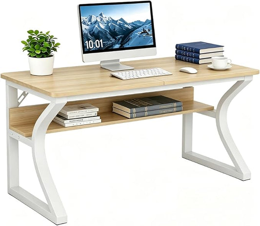 55 inch Computer Desk, Home Office Desk with Storage Shelf, Sturdy U-Shaped Metal Frame Study Table with Cable Management, Gaming Desk for Office & Bedroom (Light Walnut, 55inch)