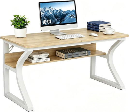 47 inch Computer Desk, Home Office Desk with Storage Shelf, Sturdy U-Shaped Metal Frame Study Table with Cable Management, Gaming Desk for Office & Bedroom (Light Walnut, 47inch)