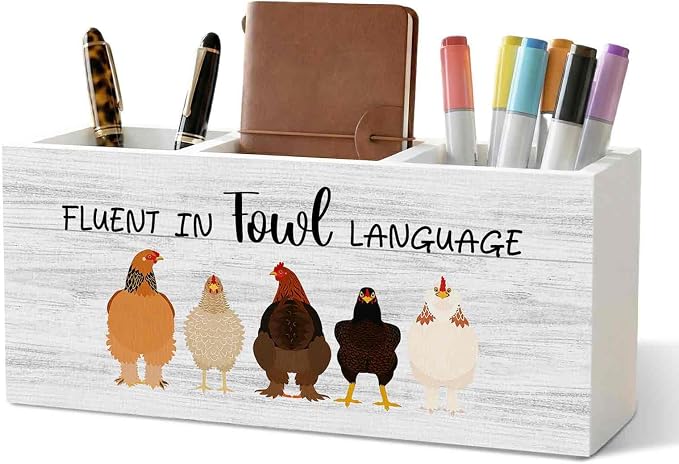 Funny Chicken Pencil Pen Holder for Desk Organizer, Chicken Lovers Gifts for Women Men, Fluent in Fowl Language Wooden Box Decorations for Home Office Bedroom Desk Tabletop Decor