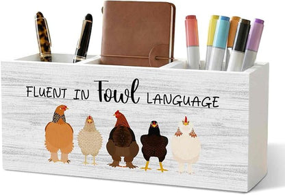 Funny Chicken Pencil Pen Holder for Desk Organizer, Chicken Lovers Gifts for Women Men, Fluent in Fowl Language Wooden Box Decorations for Home Office Bedroom Desk Tabletop Decor