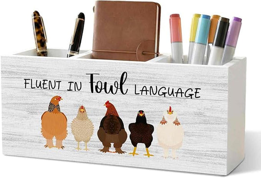 Funny Chicken Pencil Pen Holder for Desk Organizer, Chicken Lovers Gifts for Women Men, Fluent in Fowl Language Wooden Box Decorations for Home Office Bedroom Desk Tabletop Decor
